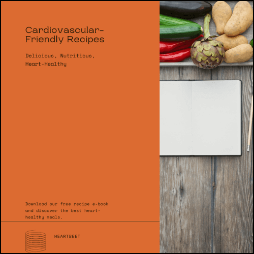 Image of the front of a cook book for cardiovasular health. 2/3s is rust red and the last third is a photo of veggies.