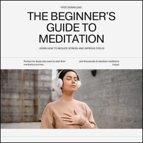 Image of the cover image for a downloadable beginners guide to meditation. It's mostly white with a woman wearing head phones relaxing.