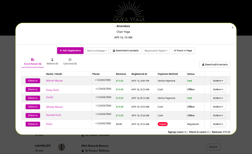 Example of the backend of OfferingTree's scheduling and booking software showing client payment information.