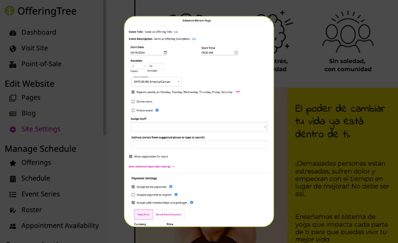 OfferingTree scheduling software for small business example on the backend of a website showing how to customize each event on the schedule.