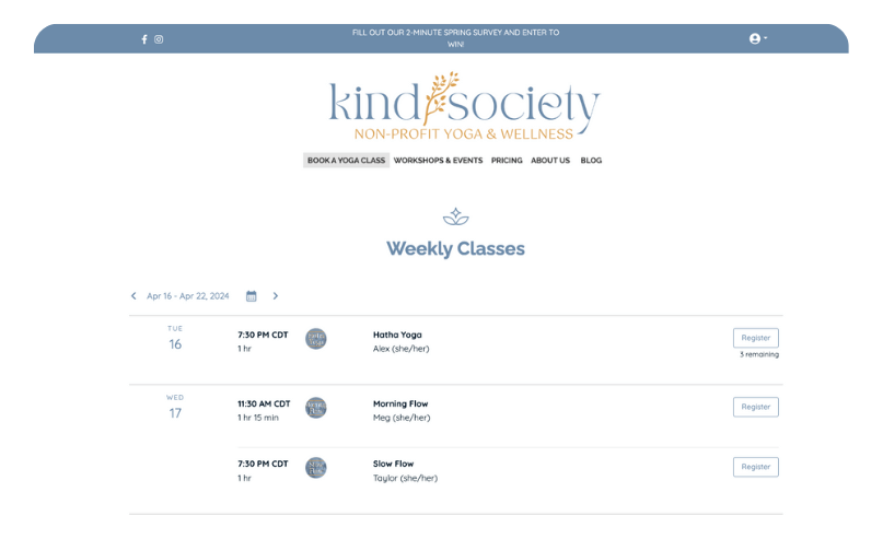 Example of OfferingTree's scheduling software for small business on an actual user's website, Kind Society. 