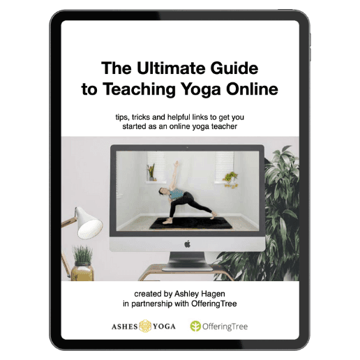 Image of the cover page of Ashley Hagen's Ultimate Guide to Teaching Yoga Online in 2024 fitted on an ipad screen.